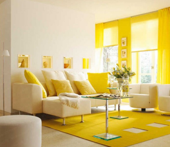 A yellow living room that represents the earth element.